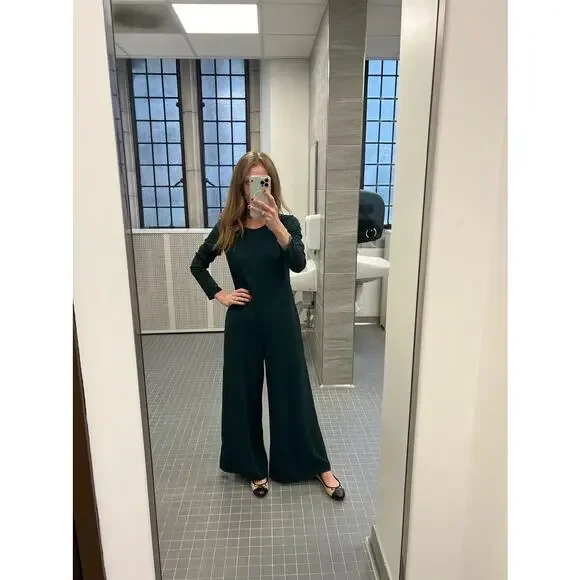 ADAM LIPPES Dark Green Crewneck Long Sleeve Wide Leg Sleek Jumpsuit Size 2